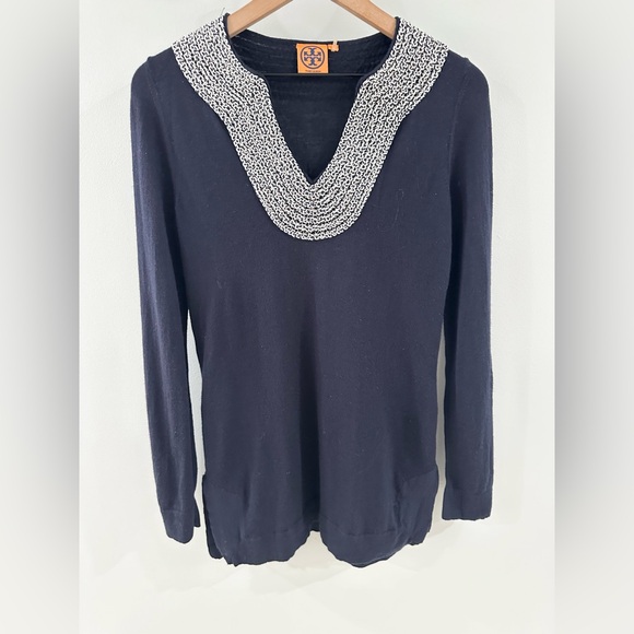 Tory Burch Embellished Wool Sweater Tunic Navy Size Small - Picture 3 of 5